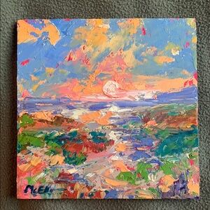 “Late Afternoon” by Claire McElveen. 8” x 8” oil on birch.